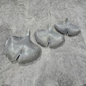 Set Of 3 Modern Style Silver Tone Aluminum Ginkgo Leaf Trinket Catchall  Tray